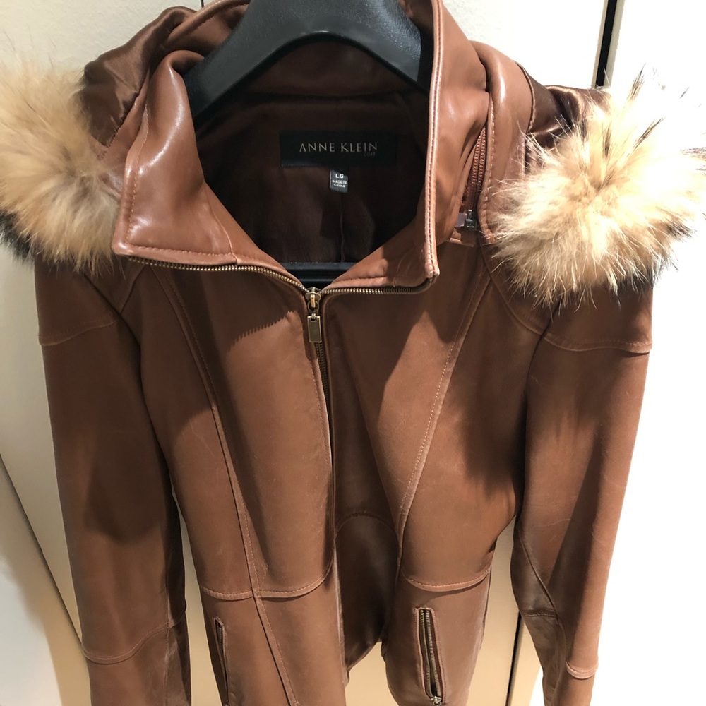 Anne Klein leather and fur coat